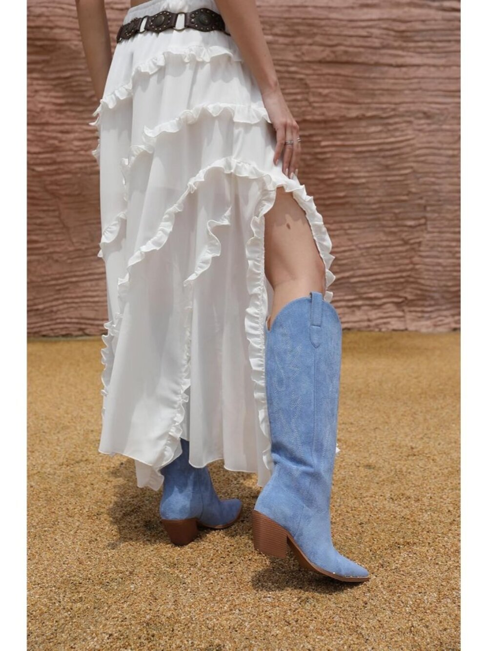 Women's Blue Knee High Boots Pointed Toe and Block Heel Cowboy Suede Boots - Picture 4 of 6